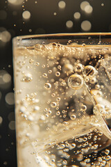 Close-Up of Effervescent Qinine-Infused Tonic Water n Clear Glass Illuminated gainst Neutral Background
