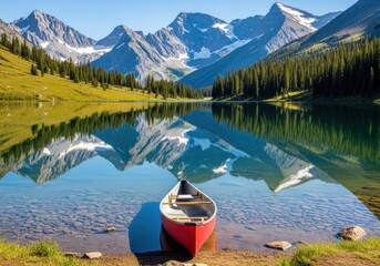 Kayak on Alpine Lake Reflection with Mountain