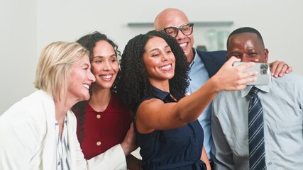 Joyful Diverse Business Team Captures Fun Moments with a Group Selfie - Powered by Adobe