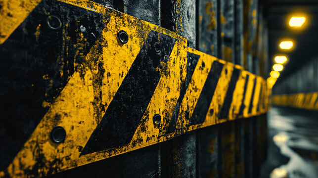 Grungy industrial hazard stripe warning sign in dimly lit construction corridor