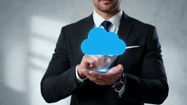 Man Holding Blue Cloud Hologram in Hand Wearing a Black Business Suit Against a Gray Backdrop with Digital Overlay Defect and Corporate Ambiance
