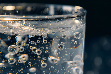 Close-Up of Effervescent Qinine-Infused Tonic Water n Clear Glass Illuminated gainst Neutral Background