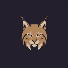 Fierce lynx wildcat face with sharp fangs, vector logo concept on a dark background