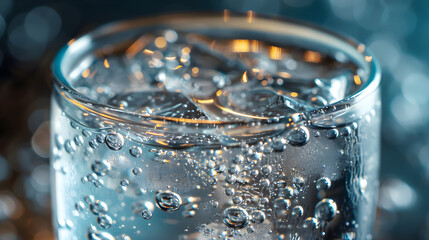 Close-Up of Effervescent Qinine-Infused Tonic Water n Clear Glass Illuminated gainst Neutral Background