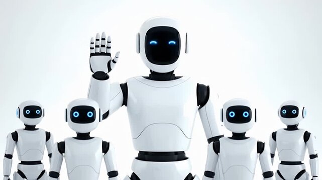 Team of White Robots Standing Against a Light Background in Futuristic Style for Technology and Artificial Intelligence Concept