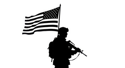 Soldier silhouetted holding american flag