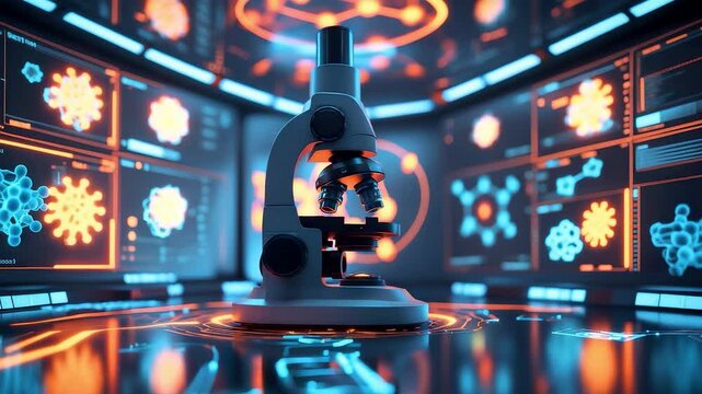 Glowing Microscope with Virus Models and Data Screens in Neon Lit Laboratory