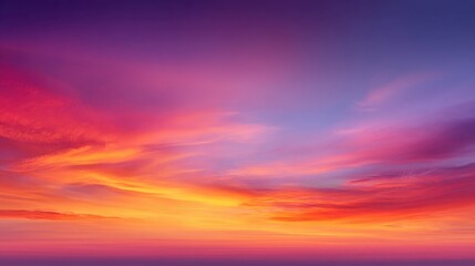 Fototapeta premium Vibrant Sunset Sky with Bold Colors of Purple, Pink, and Orange Over Tranquil Horizon at Dusk Capturing Nature's Spectacular Beauty and Serenity