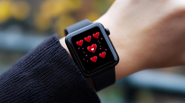 Smartwatch displays romantic hearts, perfect for Valentine's Day or love notifications.