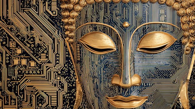 Gold and blue Buddha sculpture with a circuit board design backdrop showcasing technology and spirituality