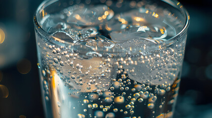 Close-Up of Effervescent Qinine-Infused Tonic Water n Clear Glass Illuminated gainst Neutral Background