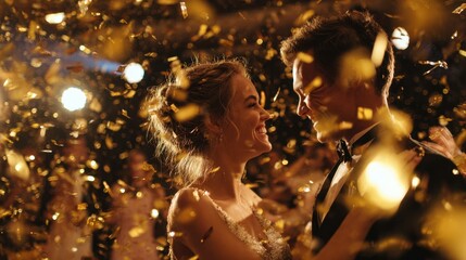 Happy Young Couple Dancing in Gold Confetti Celebration at Night