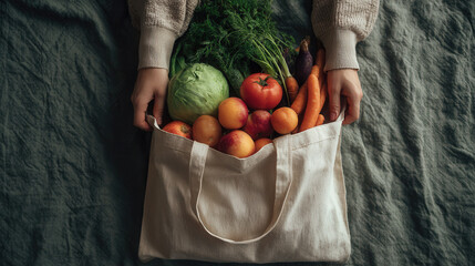 Freshly harvested vegetables and fruits in a reusable bag on a cozy surface
