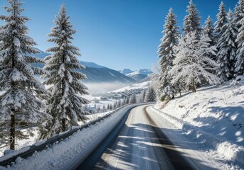 Snow-Covered Winding Road in Winter Forest