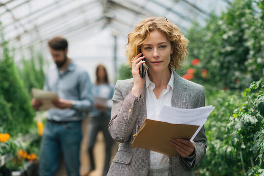Woman in a greenhouse discussing plans while colleagues work on tasks nearby