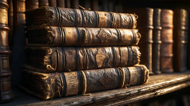 Ancient Leather-Bound Books Stacked on Wooden Shelf in Dim Library Atmosphere