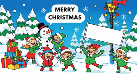 Fototapeta premium Cheerful Christmas Characters Vector Illustration. Elves Building Snowman Outdoor Scene