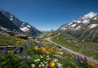 Mountain Peaks and Alpine Valley in Summer
