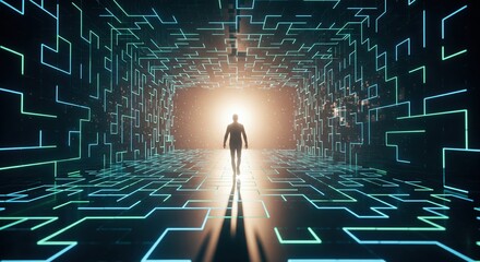 Futuristic Digital Landscape with Silhouette of Person in Neon-Illuminated Corridor