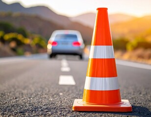Roadside Safety: Traffic Cone and Blurred Car on Highway