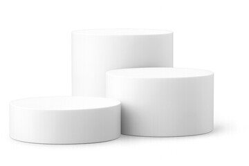 white cosmetic container - Minimalist white cylindrical podiums—3D display platforms in staggered heights for product presentation, awards, and visual hierarchy on transparent background