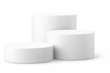 white cosmetic container - Minimalist white cylindrical podiums—3D display platforms in staggered heights for product presentation, awards, and visual hierarchy on transparent background