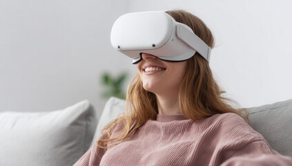 Enjoying virtual reality while sitting comfortably on a sofa in a cozy living room setting