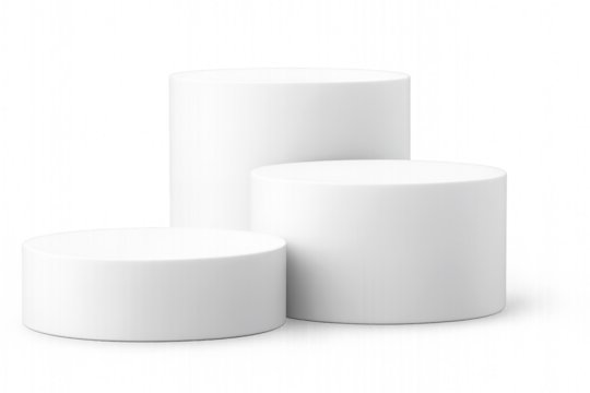 white cosmetic container - Minimalist white cylindrical podiums—3D display platforms in staggered heights for product presentation, awards, and visual hierarchy on transparent background