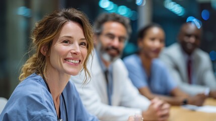 Medical Team of Diverse Professionals Smiling Confident in Hospital Conference Room