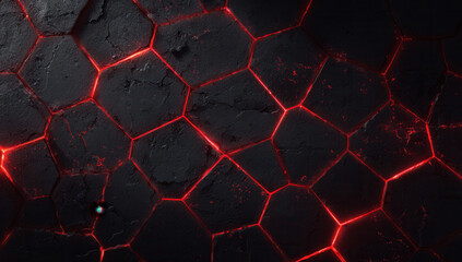Hexagonal pattern with glowing red lines on a dark surface creates a striking visual effect in an abstract design