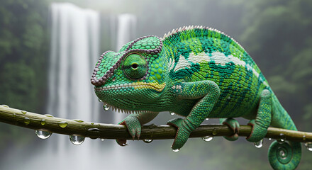 Obraz premium Chameleon On Dewy Vine Over Jungle Waterfall Cinematic Realism JPG