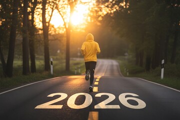 Person running toward bright future 2026 on road at golden sunrise hour,happy new year, happy new year 2026, new year celebrations 2026, new year, 2026,