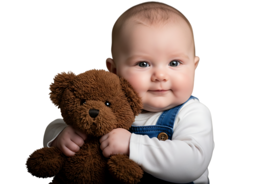 Adorable baby holding teddy bear looking at the camera smiling sweetly - Powered by Adobe