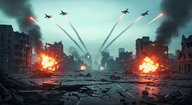 Dramatic aerial combat scene with fighter jets firing missiles over a war torn city with burning buildings and smoke