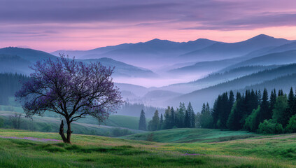 Obraz premium Vibrant sunrise over misty mountains with blooming tree and lush green valleys in tranquil landscape
