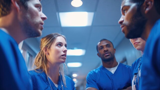 Medical Team Meeting in Hospital Corridor with Focused Expressions and Bright Lighting