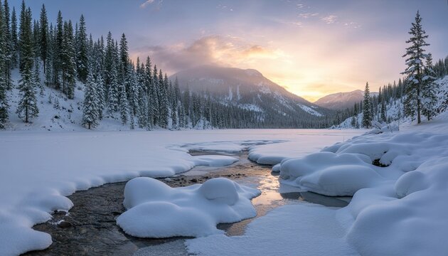 Tranquil winter wonderland landscape with snow-covered mountains at golden sunset - Powered by Adobe