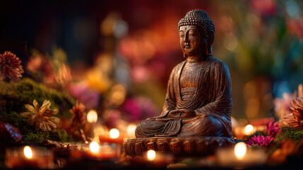Fototapeta premium Serene wooden Buddha statue surrounded by candles and flowers in a tranquil setting during a peaceful meditation session
