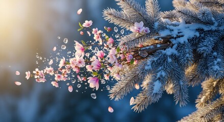 Winter's end Blossoms burst from snowy pine, sunlight