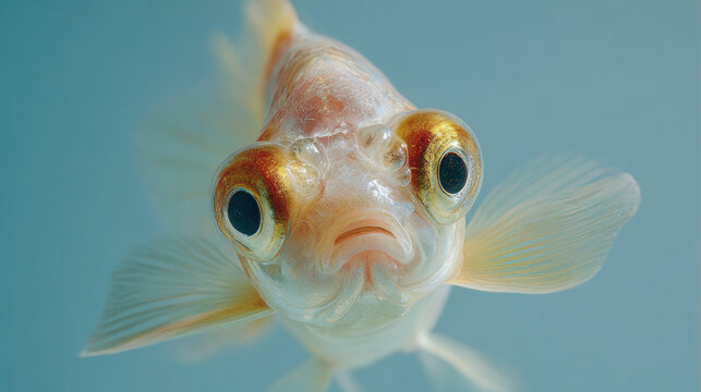 Close-up view of a goldfish swimming in clear water with detailed features and vibrant colors