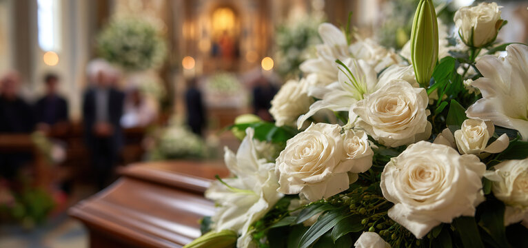 Elegant white flowers arranged at a solemn gathering in a church during a memorial service