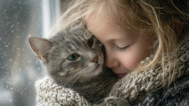 Warm embrace between girl and gray cat during snowy day by the window creating a cozy atmosphere - Powered by Adobe