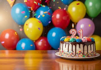 Festive 21st Birthday Chocolate Cake with Balloons and Confetti