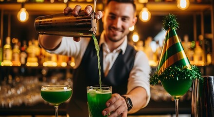 Bartender pouring green cocktail for St. Patricks Day.