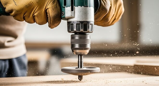 Close-up of a drill boring into a wooden surface.