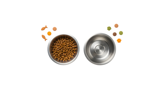 Full pet food bowl and empty stainless steel dish black background
