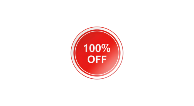 Glossy red 100 percent OFF sale badge isolated on black