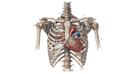 Title: Detailed anatomical drawing of human torso skeleton and internal organ systems isolated on white background