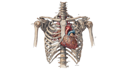Title: Detailed anatomical drawing of human torso skeleton and internal organ systems isolated on white background