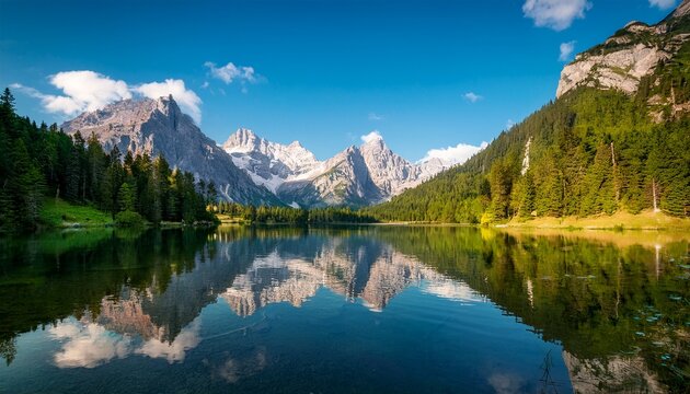a lake with mountain reflection - Powered by Adobe